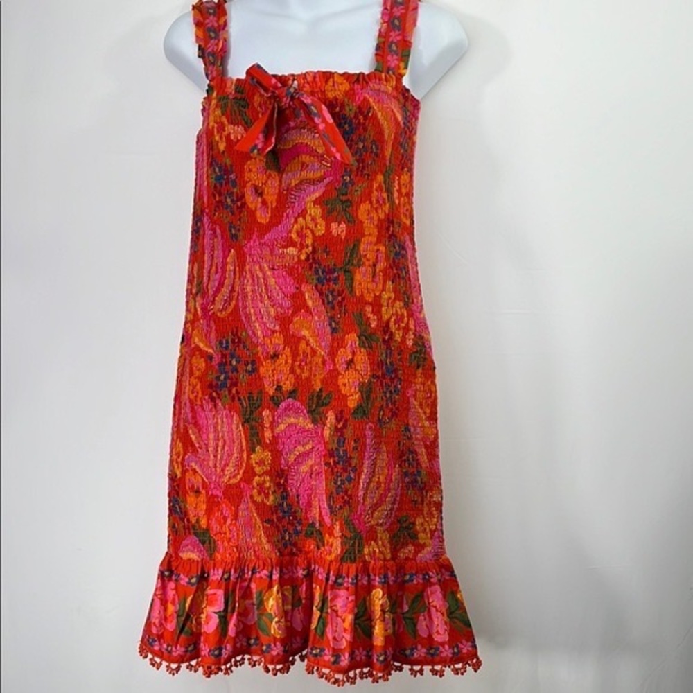 Farm Rio M Red Spring Bananas Smocked Mini Vibrant Floral Dress with Ruffle Hem